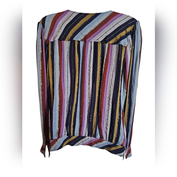 A.N.A. Blouse L Striped Wrap Tie Hem Long Sleeve Gold Thread V-Neck Boho Chic - Picture 3 of 7